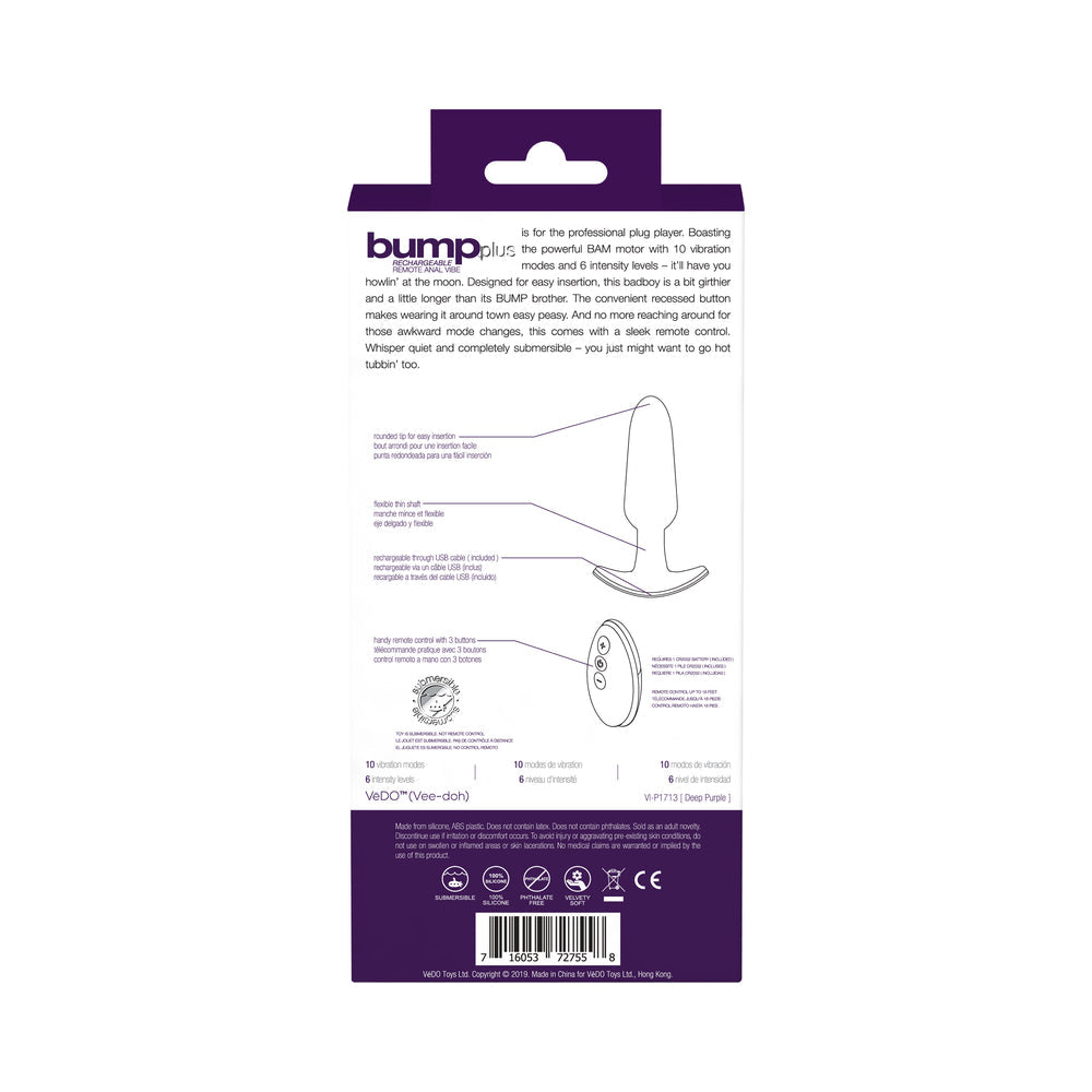 VeDO Bump Plus Rechargeable Remote Control Anal Vibe - Deep Purple