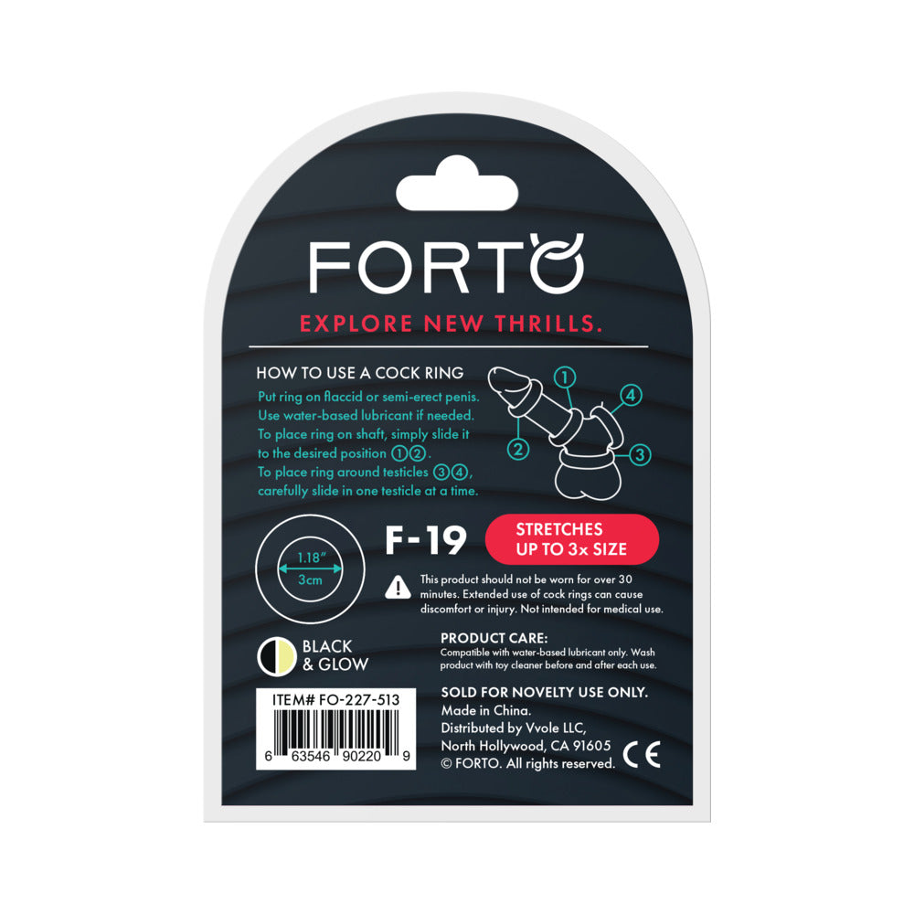 Forto F-19 Two Tone Liquid Silicone Cock Ring - Black/Glow in the Dark