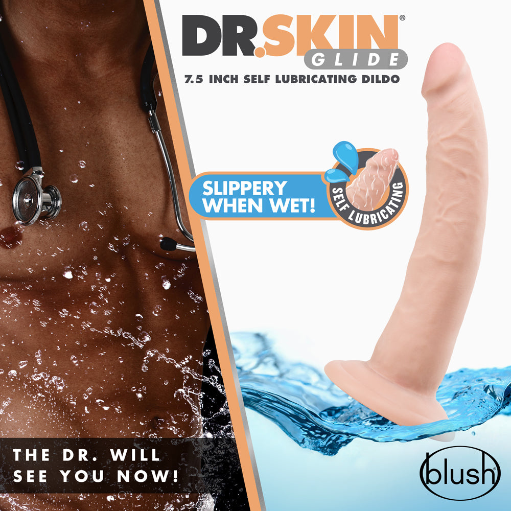 Dr. Skin Glide Self Lubricating Dildo-Vanilla 7.5"