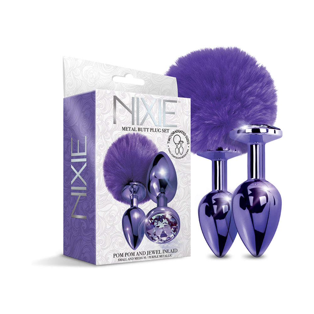 Nixie Metal Butt Plug Set w/Jewel Inlaid & Pom Pom - Purple Metallic