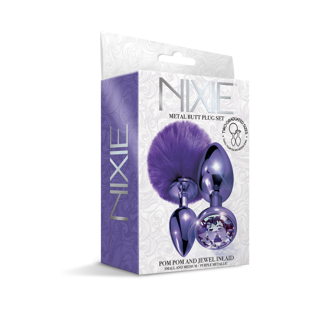 Nixie Metal Butt Plug Set w/Jewel Inlaid & Pom Pom - Purple Metallic