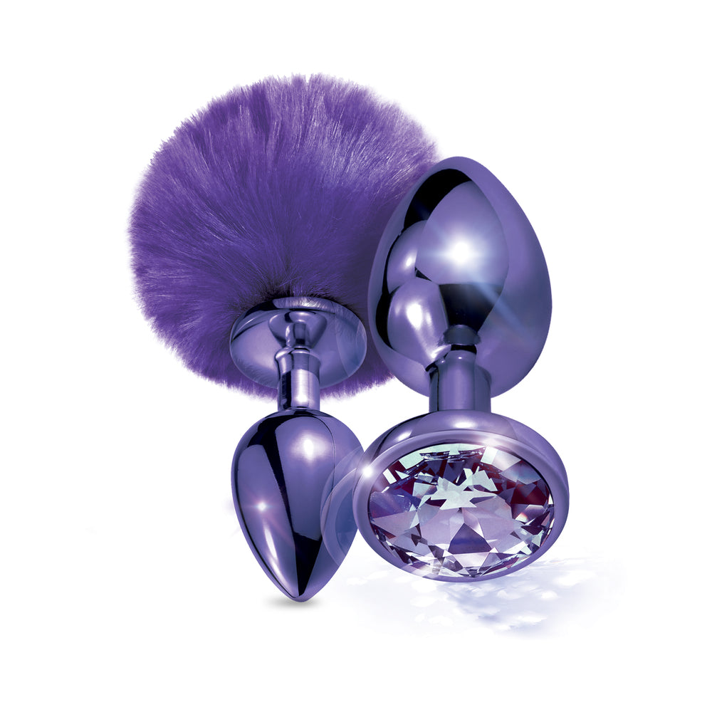Nixie Metal Butt Plug Set w/Jewel Inlaid & Pom Pom - Purple Metallic