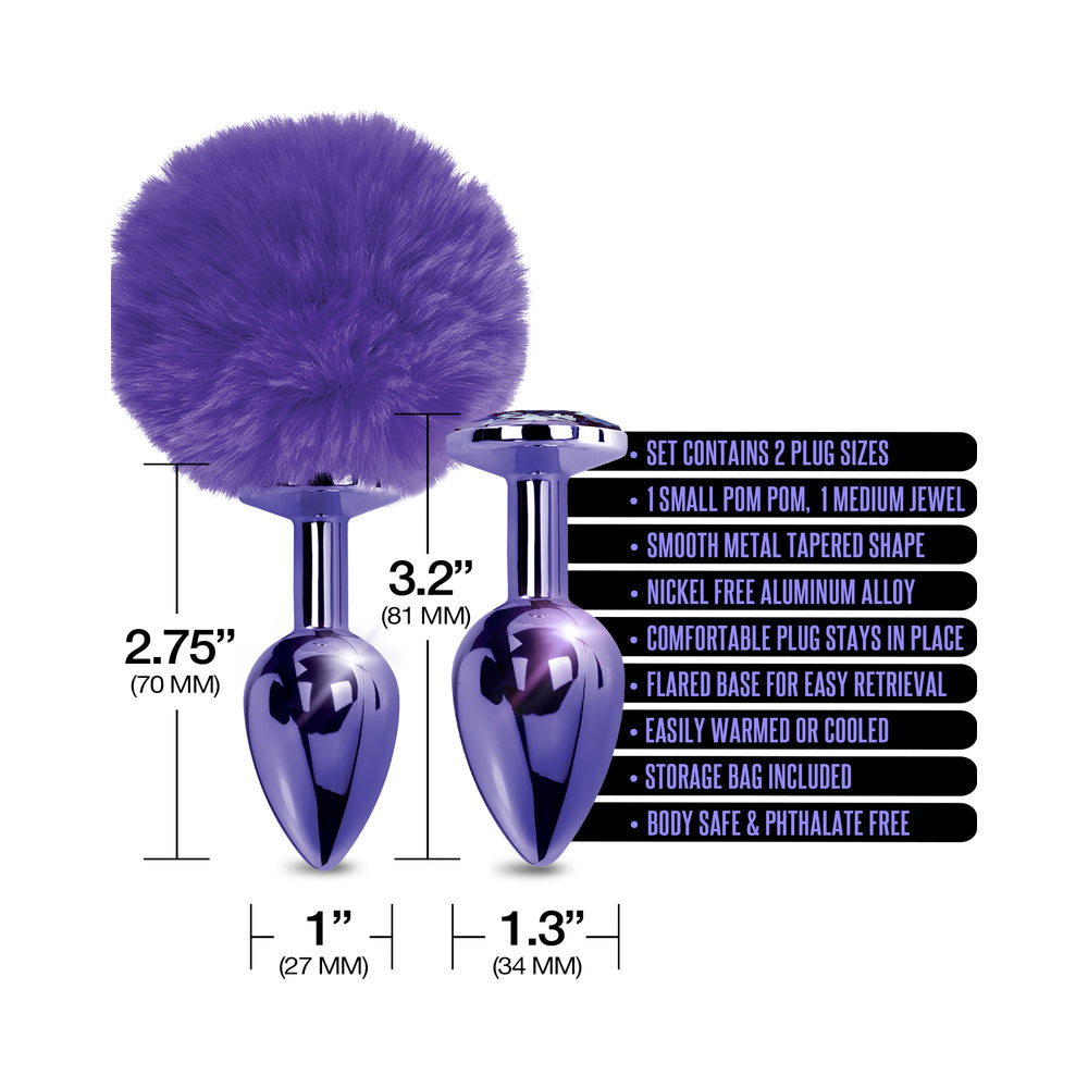 Nixie Metal Butt Plug Set w/Jewel Inlaid & Pom Pom - Purple Metallic