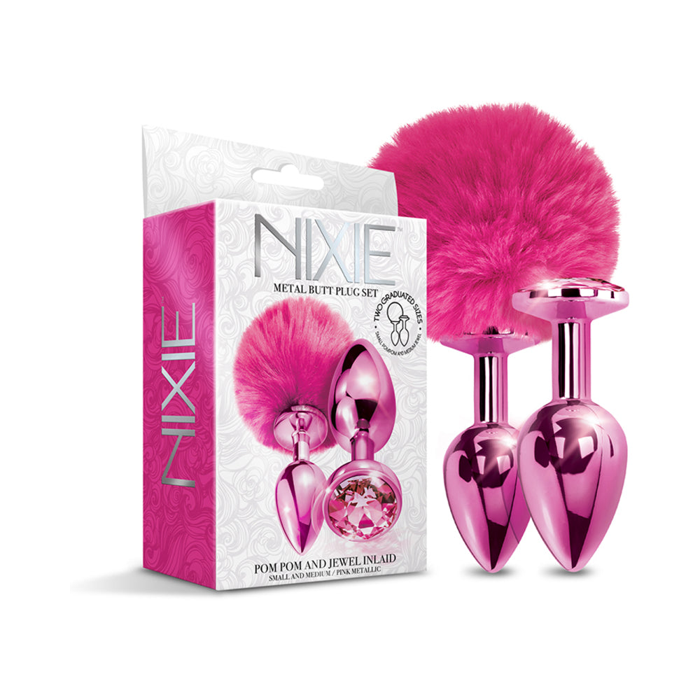 Nixie Metal Butt Plug Set w/Jewel Inlaid & Pom Pom - Pink Metallic
