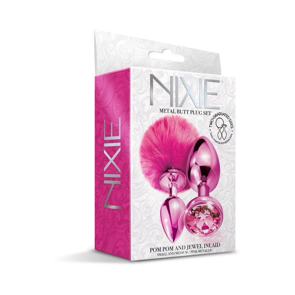 Nixie Metal Butt Plug Set w/Jewel Inlaid & Pom Pom - Pink Metallic