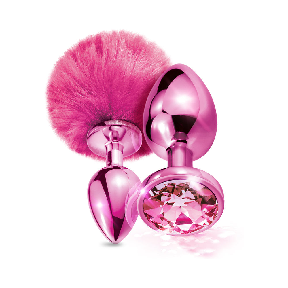 Nixie Metal Butt Plug Set w/Jewel Inlaid & Pom Pom - Pink Metallic