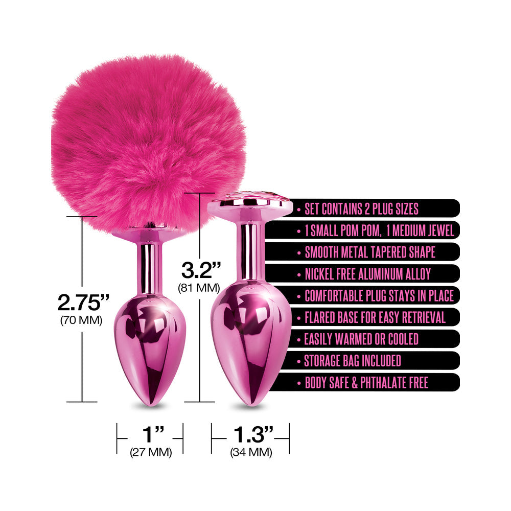 Nixie Metal Butt Plug Set w/Jewel Inlaid & Pom Pom - Pink Metallic