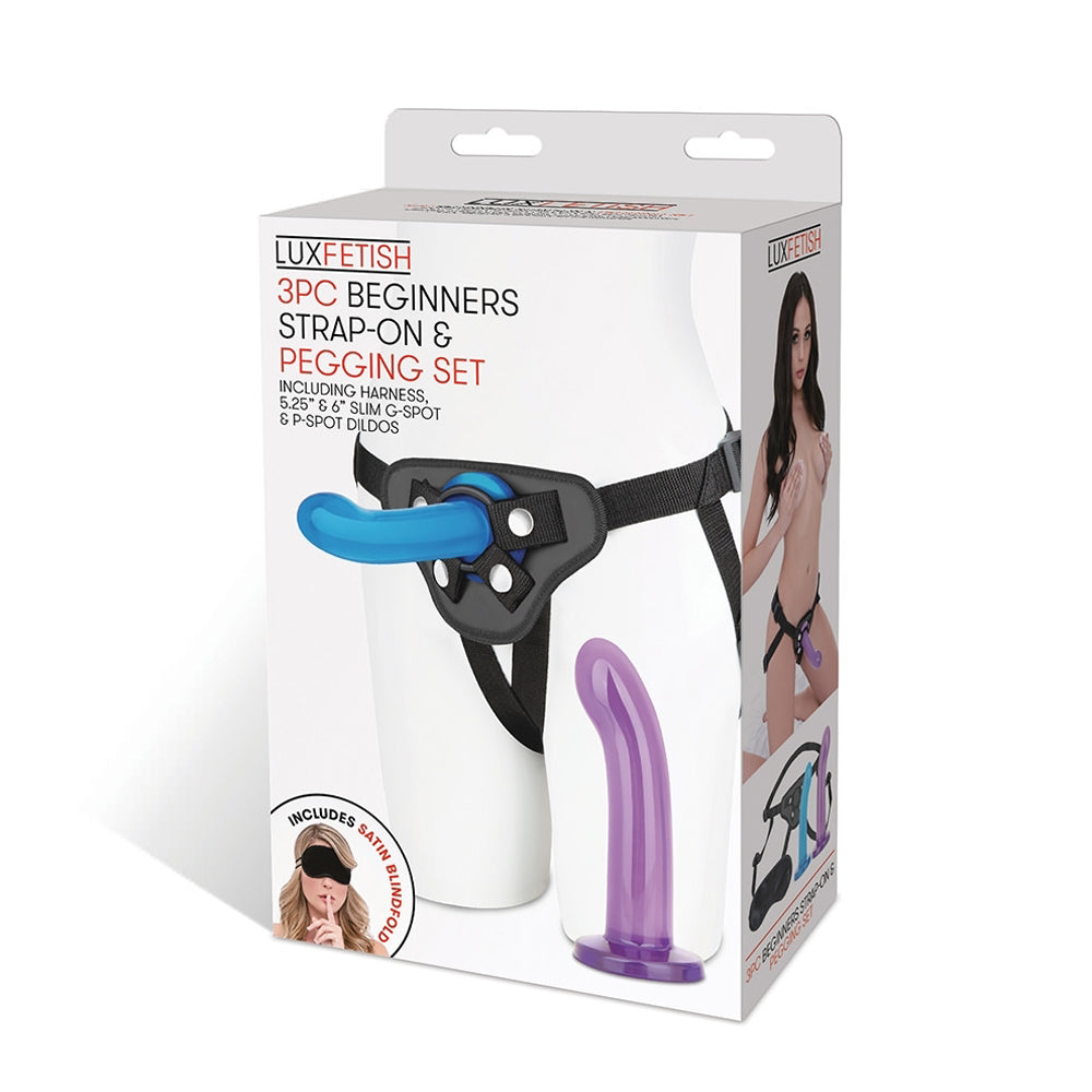 Lux Fetish 3 pc Beginners Strap On & Pegging Set - Multi Color