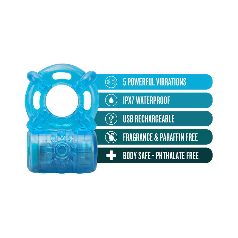 Blush Stay Hard Rechargeable 5 Function Cock Ring - Blue