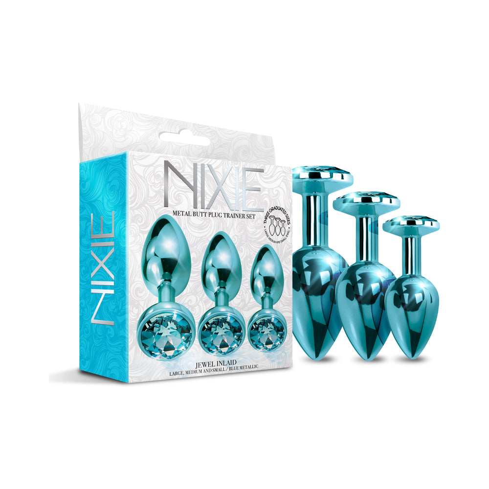 Nixie Metal Butt Plug Trainer Set w/Inlaid Jewel - Blue Metallic