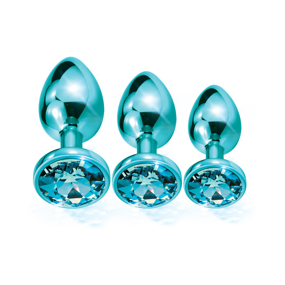 Nixie Metal Butt Plug Trainer Set w/Inlaid Jewel - Blue Metallic