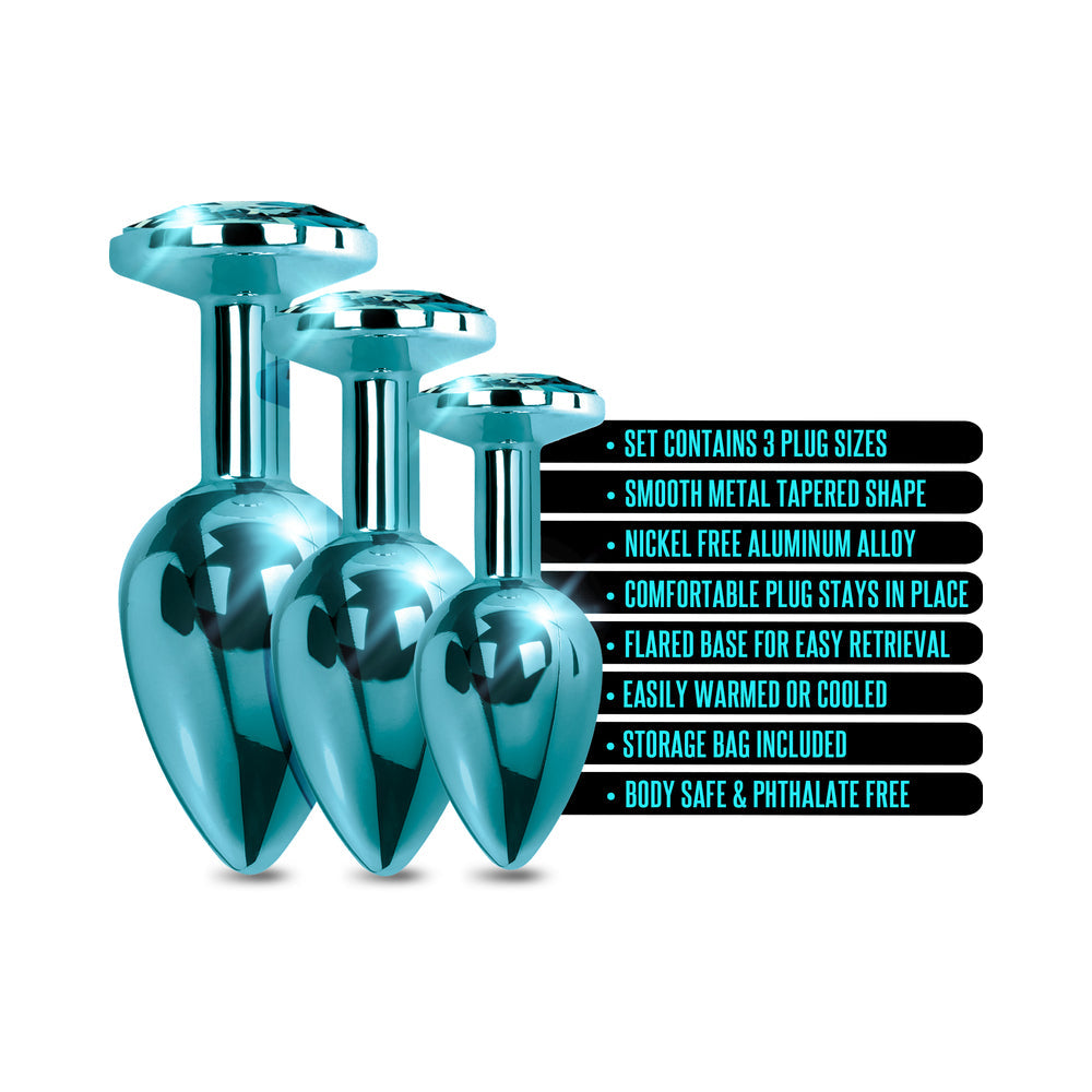 Nixie Metal Butt Plug Trainer Set w/Inlaid Jewel - Blue Metallic