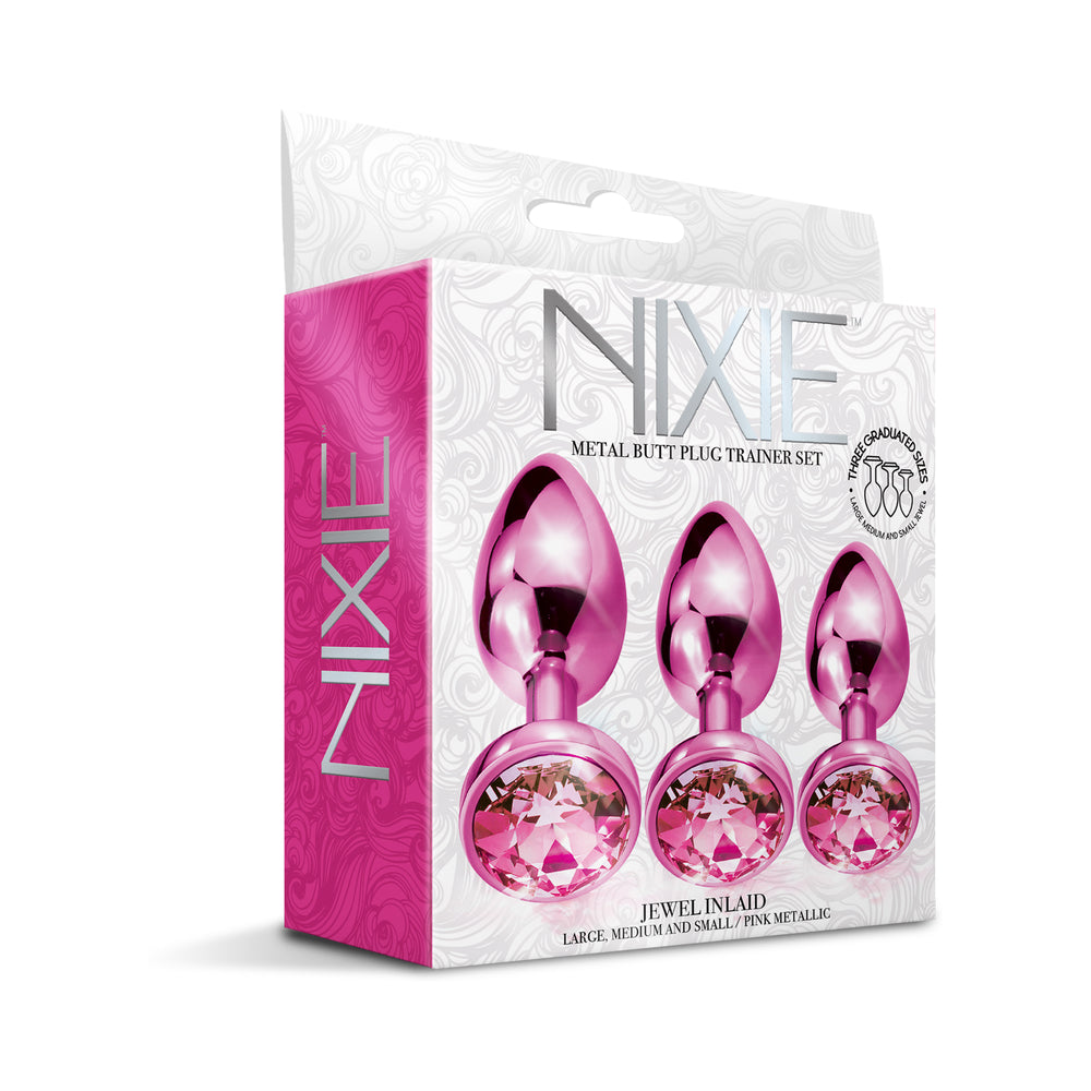 Nixie Metal Butt Plug Trainer Set w/Inlaid Jewel - Pink Metallic