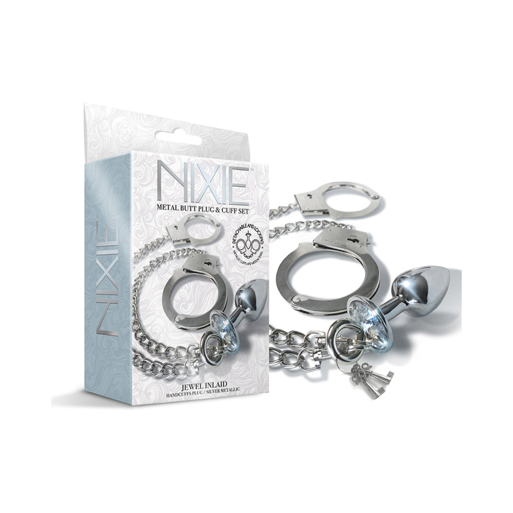 Nixie Metal Butt Plug w/Inlaid Jewel & Fur Cuff Set - Silver Metallic