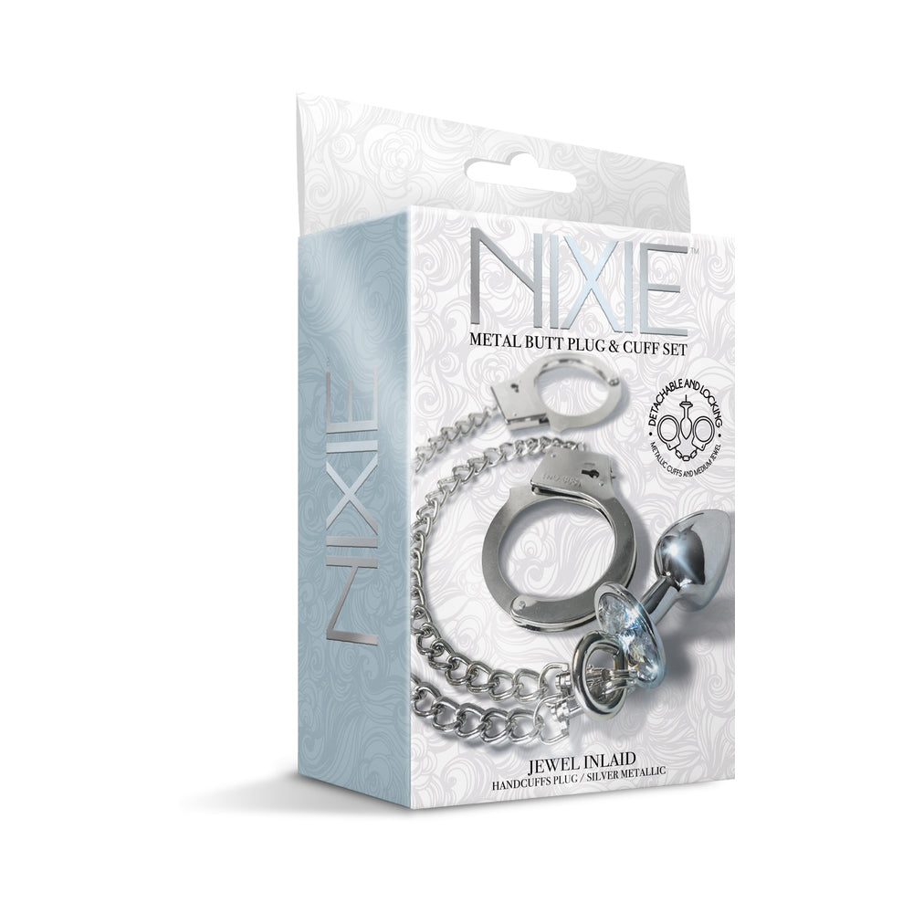 Nixie Metal Butt Plug w/Inlaid Jewel & Fur Cuff Set - Silver Metallic