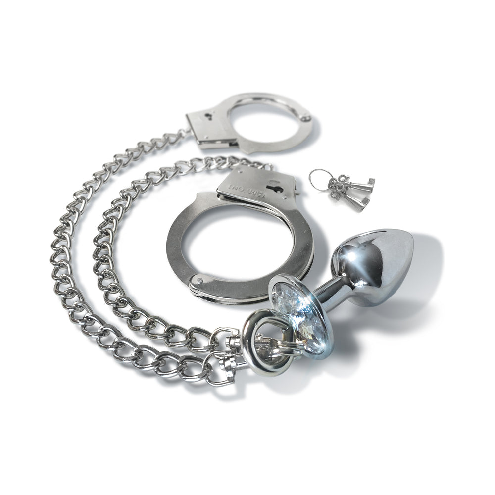 Nixie Metal Butt Plug w/Inlaid Jewel & Fur Cuff Set - Silver Metallic