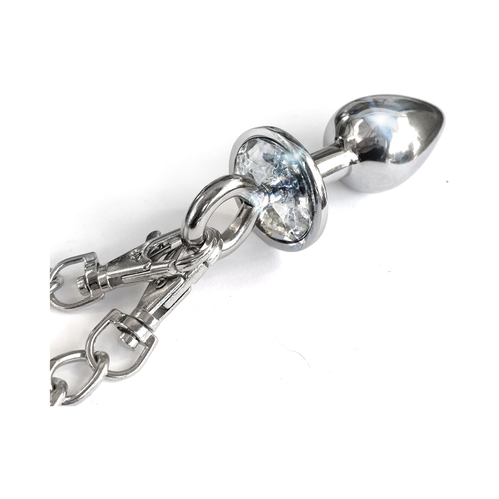 Nixie Metal Butt Plug w/Inlaid Jewel & Fur Cuff Set - Silver Metallic