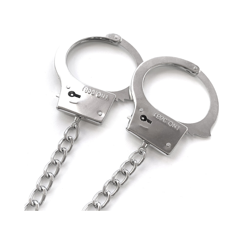 Nixie Metal Butt Plug w/Inlaid Jewel & Fur Cuff Set - Silver Metallic