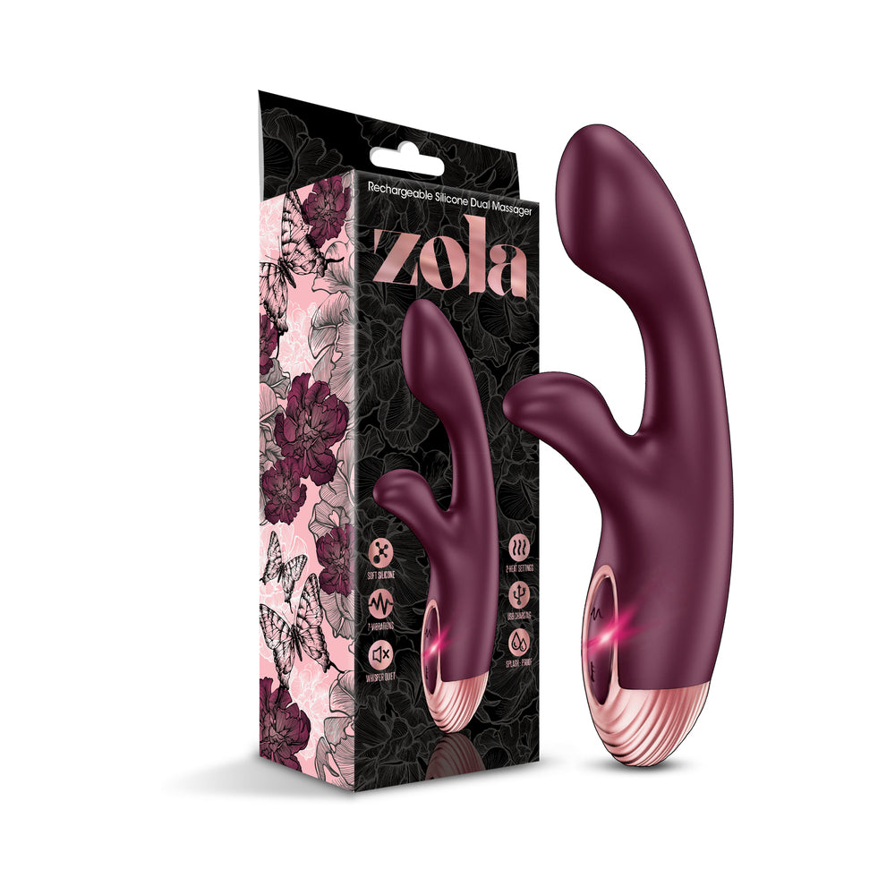 Zola Rechargeable Silicone Dual Massager - Burgundy/Rose Gold