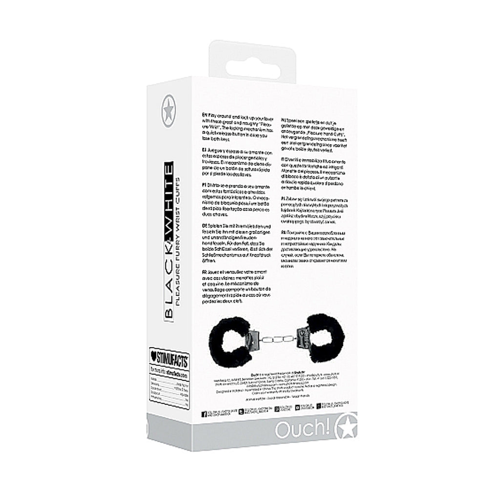 Shots Ouch Black & White Beginner's Furry Hand Cuffs - Black