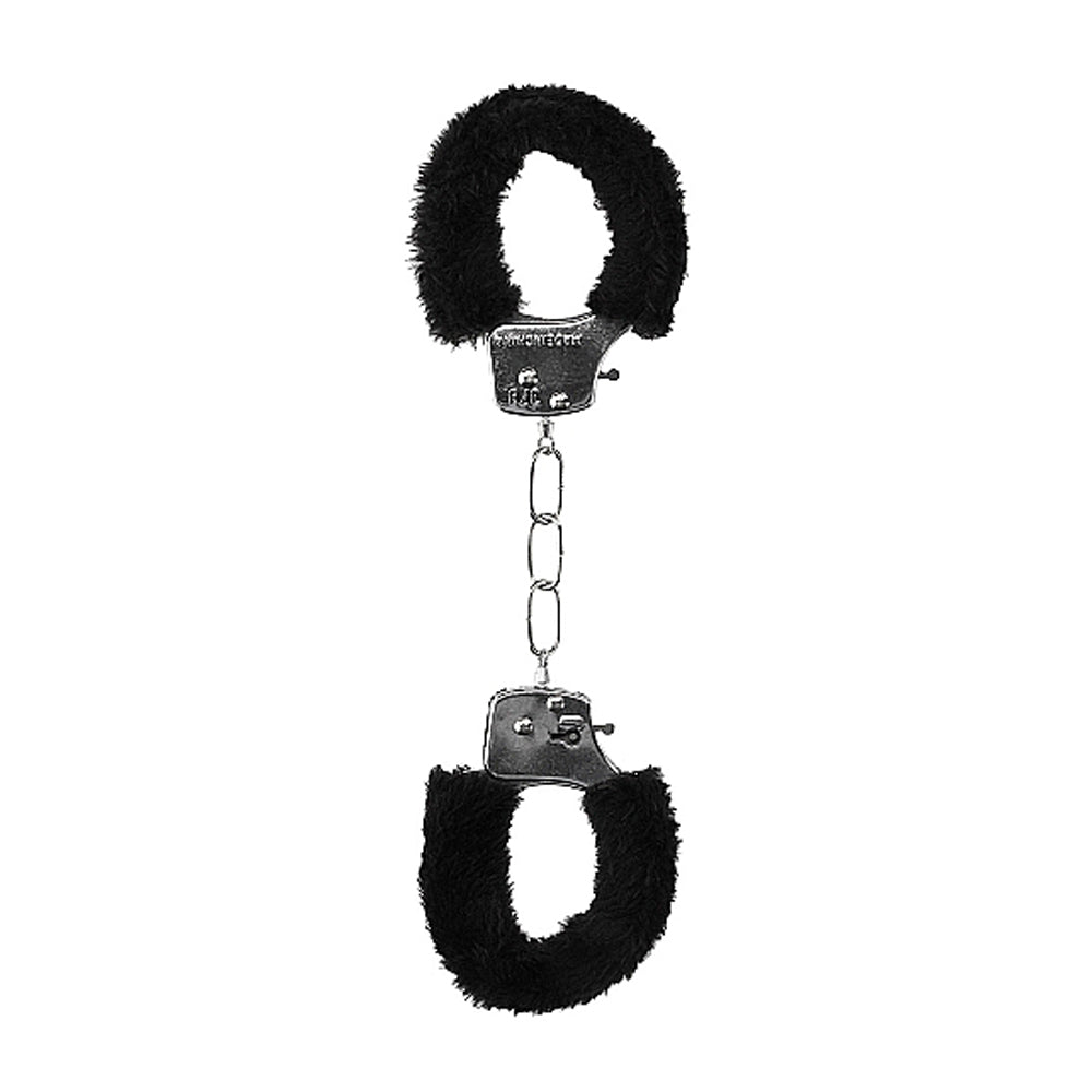 Shots Ouch Black & White Beginner's Furry Hand Cuffs - Black