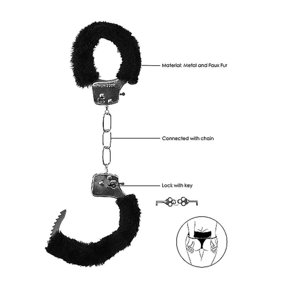 Shots Ouch Black & White Beginner's Furry Hand Cuffs - Black