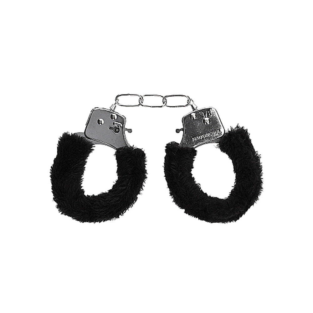 Shots Ouch Black & White Beginner's Furry Hand Cuffs - Black