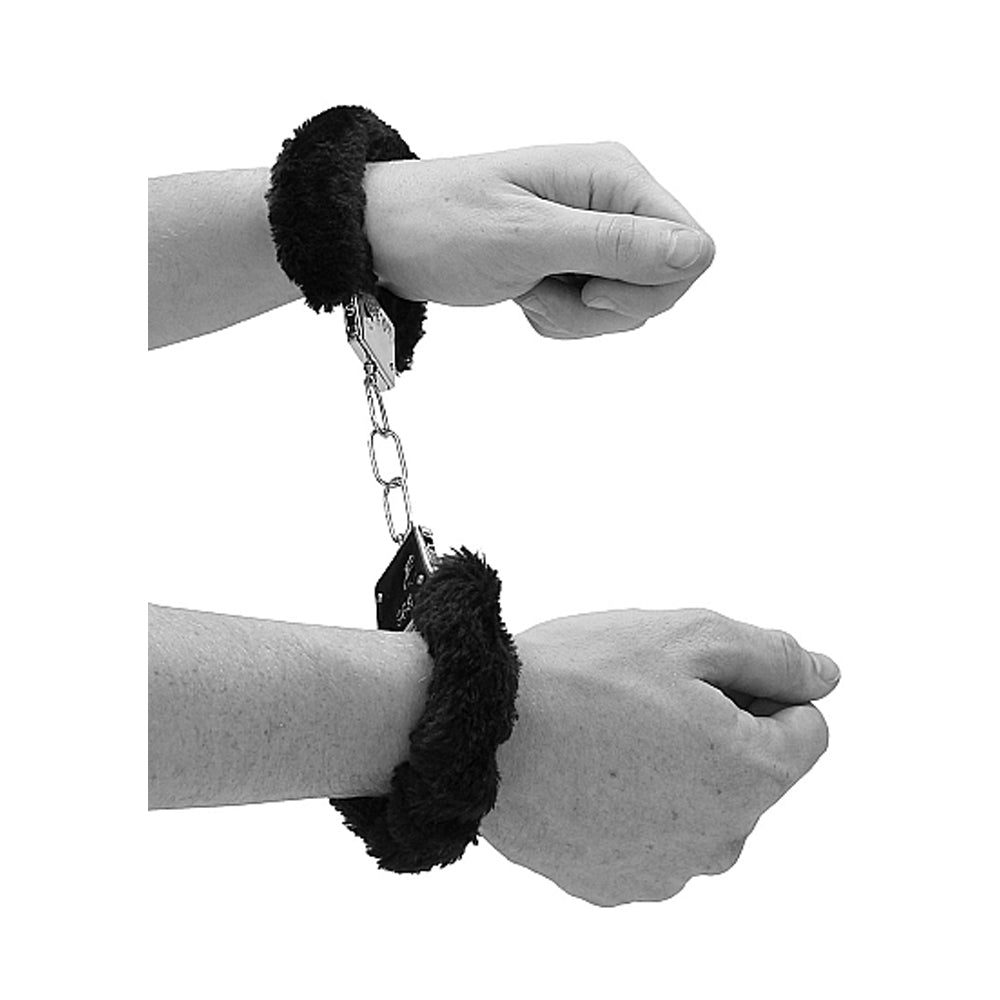 Shots Ouch Black & White Beginner's Furry Hand Cuffs - Black