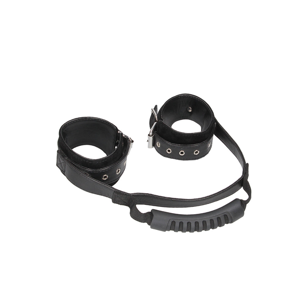 Shots Ouch Black & White Bonded Leather Hand Cuffs w/Handle - Black