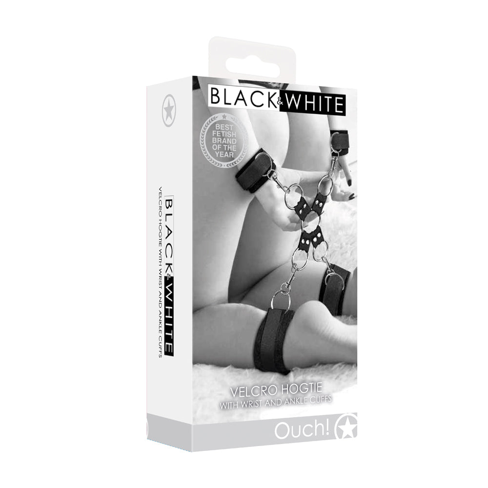 Shots Ouch Black & White Velcro Hogtie w/Hand & Ankle Cuffs - Black