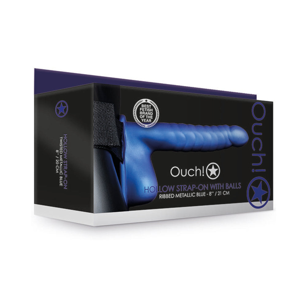 Shots Ouch 8" Ribbed Hollow Strap On w/Balls - Metallic Blue