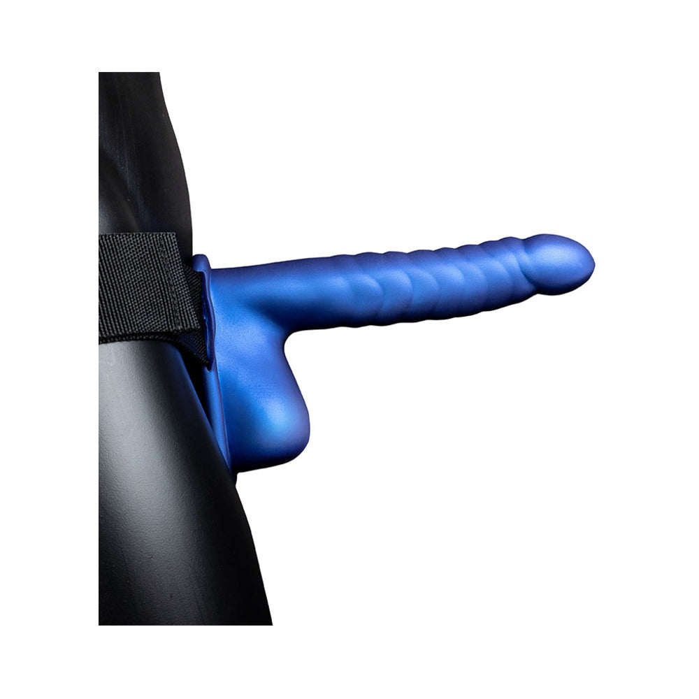Shots Ouch 8" Ribbed Hollow Strap On w/Balls - Metallic Blue