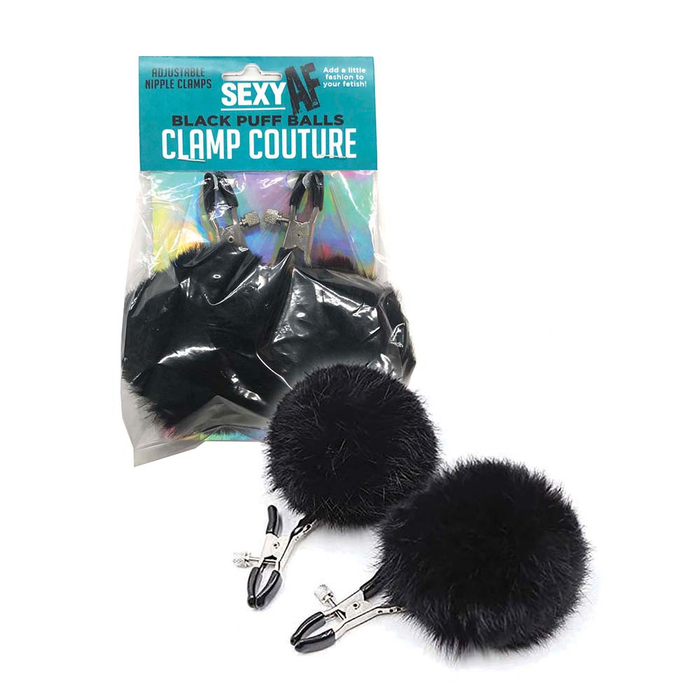 Sexy AF Nipple Clamps Puff Balls-Black