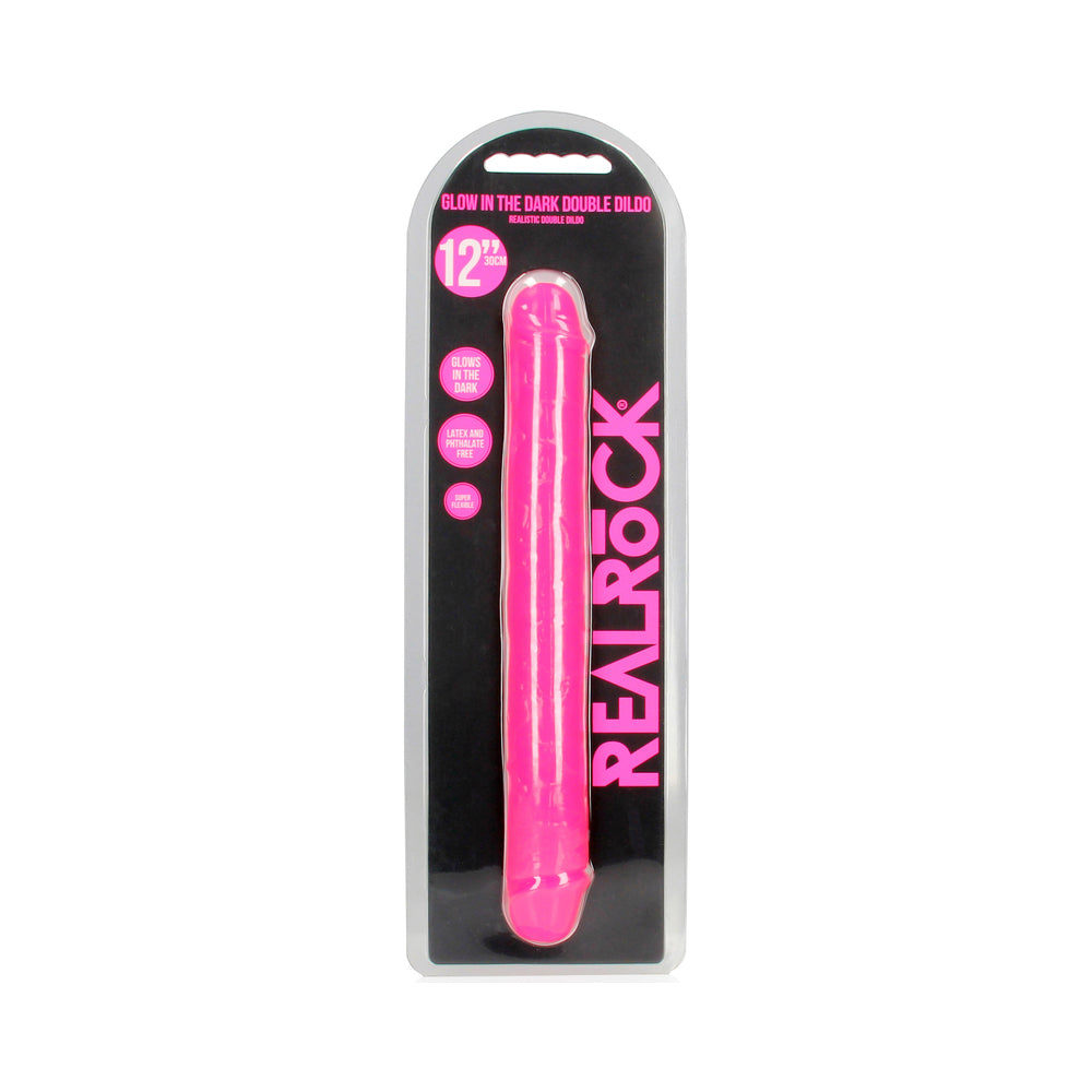 Shots RealRock 12" Double Dong Glow in the Dark - Neon Pink