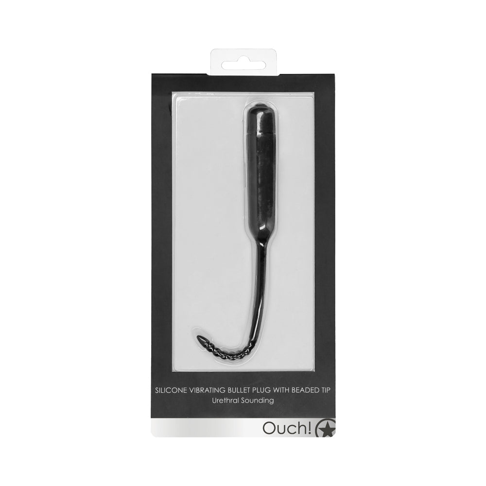 Shots Ouch Urethral Sounding Silicone Vibrating Bullet Plug w/Beaded Tip - Black