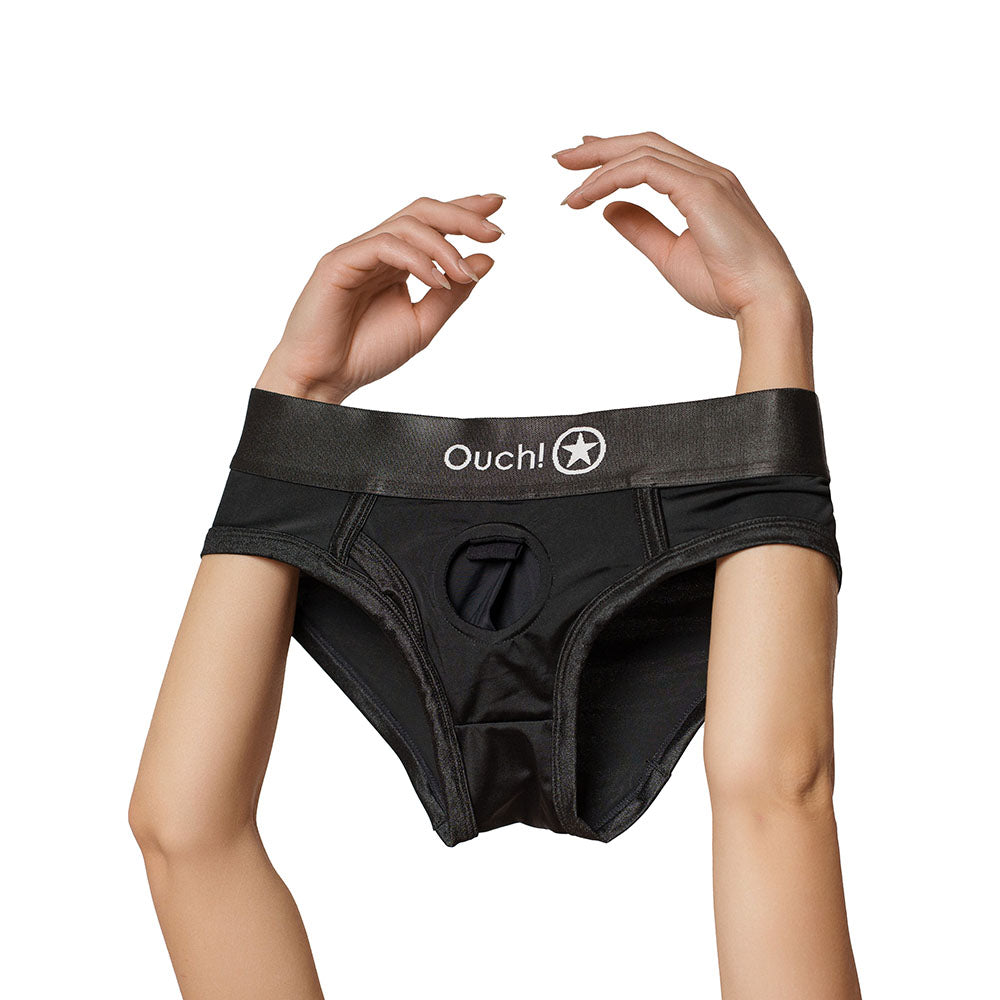 Shots Ouch Vibrating Strap On High-Cut Brief - Black XS/S