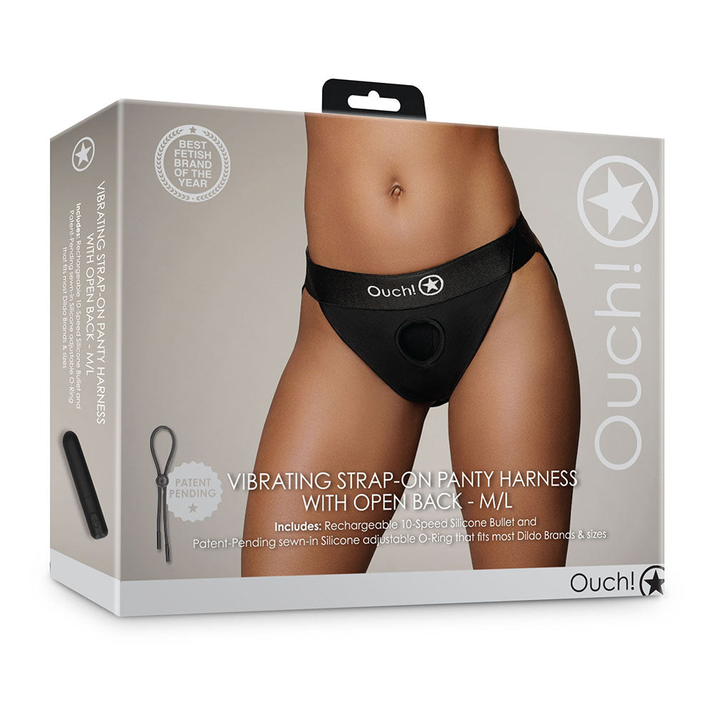 Shots Ouch Vibrating Strap On Panty Harness w/Open Back - Black M/L