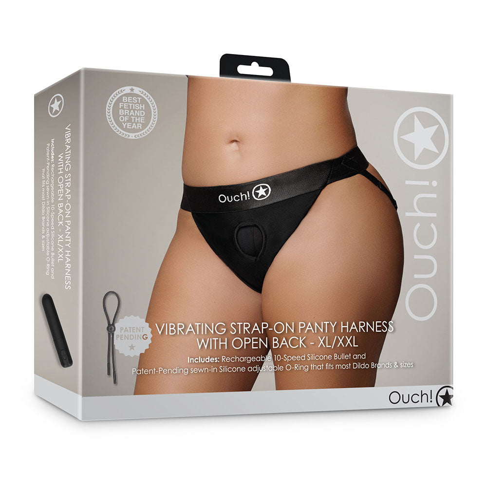 Shots Ouch Vibrating Strap On Panty Harness w/Open Back - Black XL/XXL