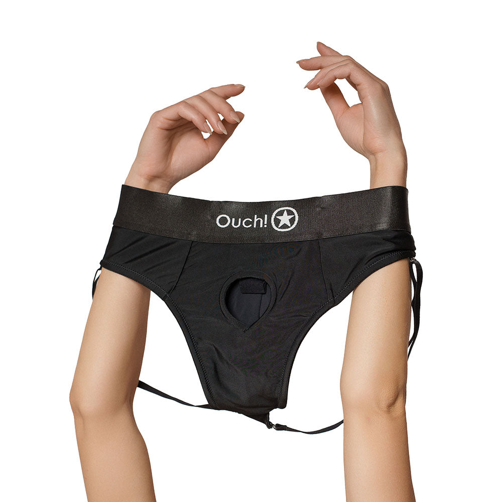 Shots Ouch Vibrating Strap On Panty Harness w/Open Back - Black XL/XXL