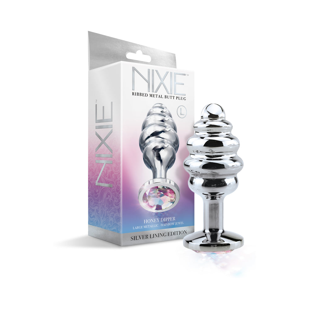 Nixie Honey Dipper Ribbed Metal Rainbow Jeweled Butt Plug - Large