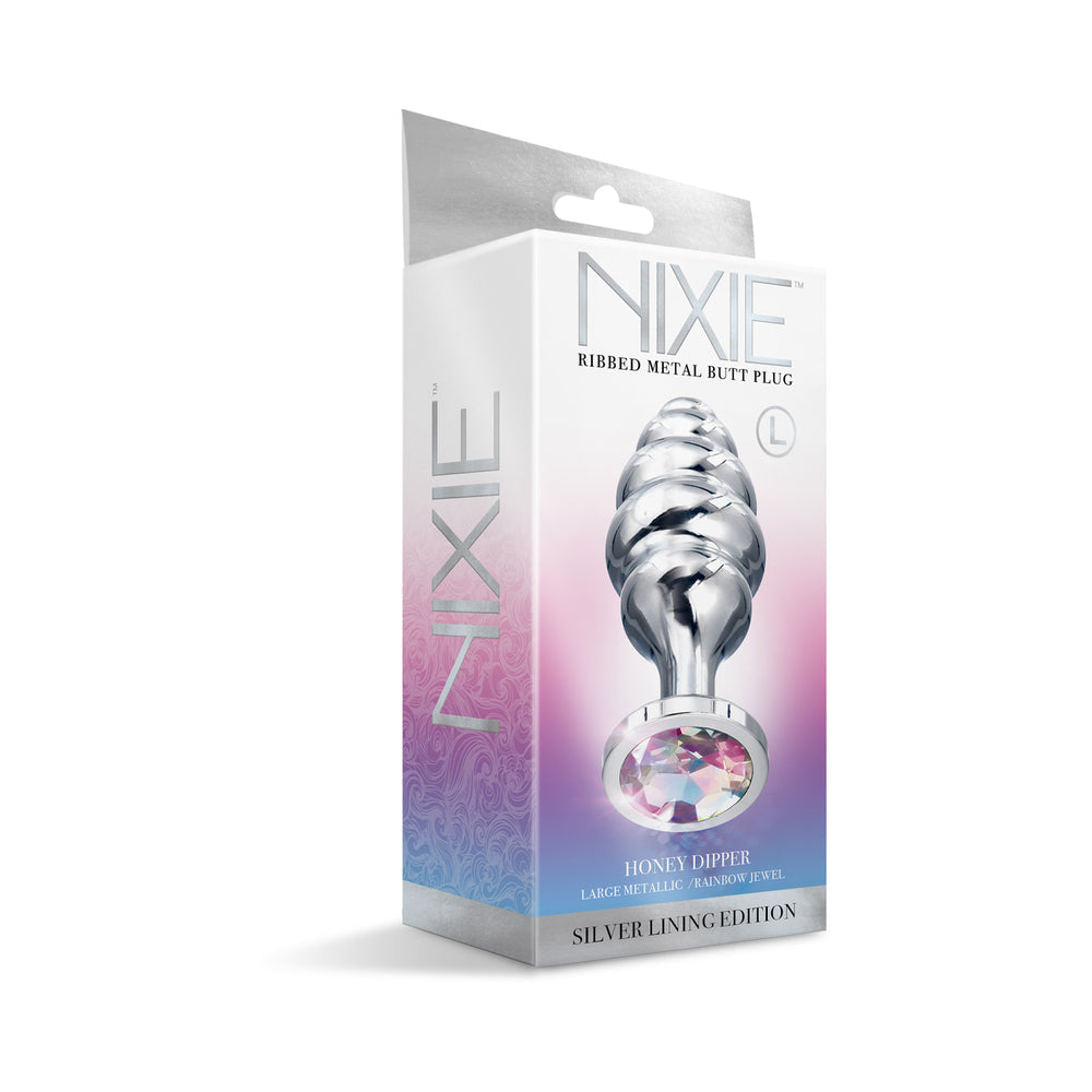 Nixie Honey Dipper Ribbed Metal Rainbow Jeweled Butt Plug - Large