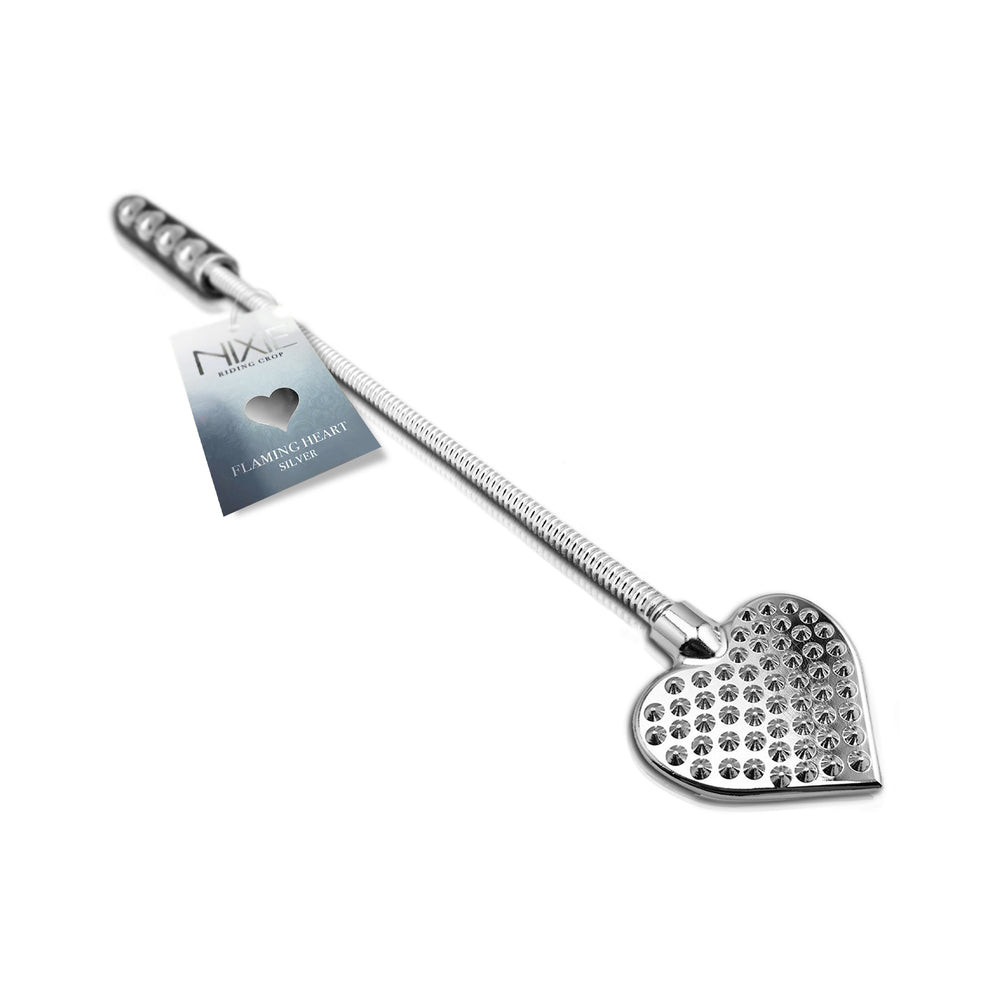 Nixie Flaming Heart Riding Crop - Silver