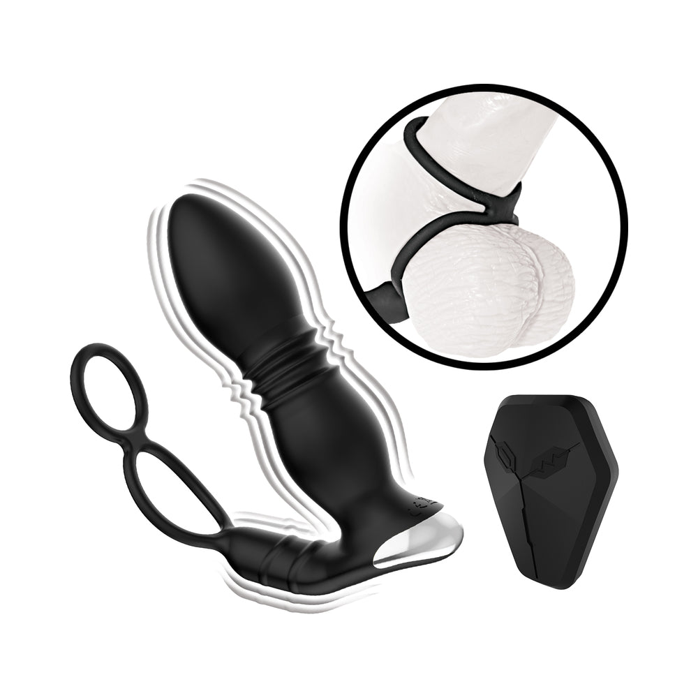 Ass-station Remote Prostate Power Plug w/Cock & Ball Ring - Black