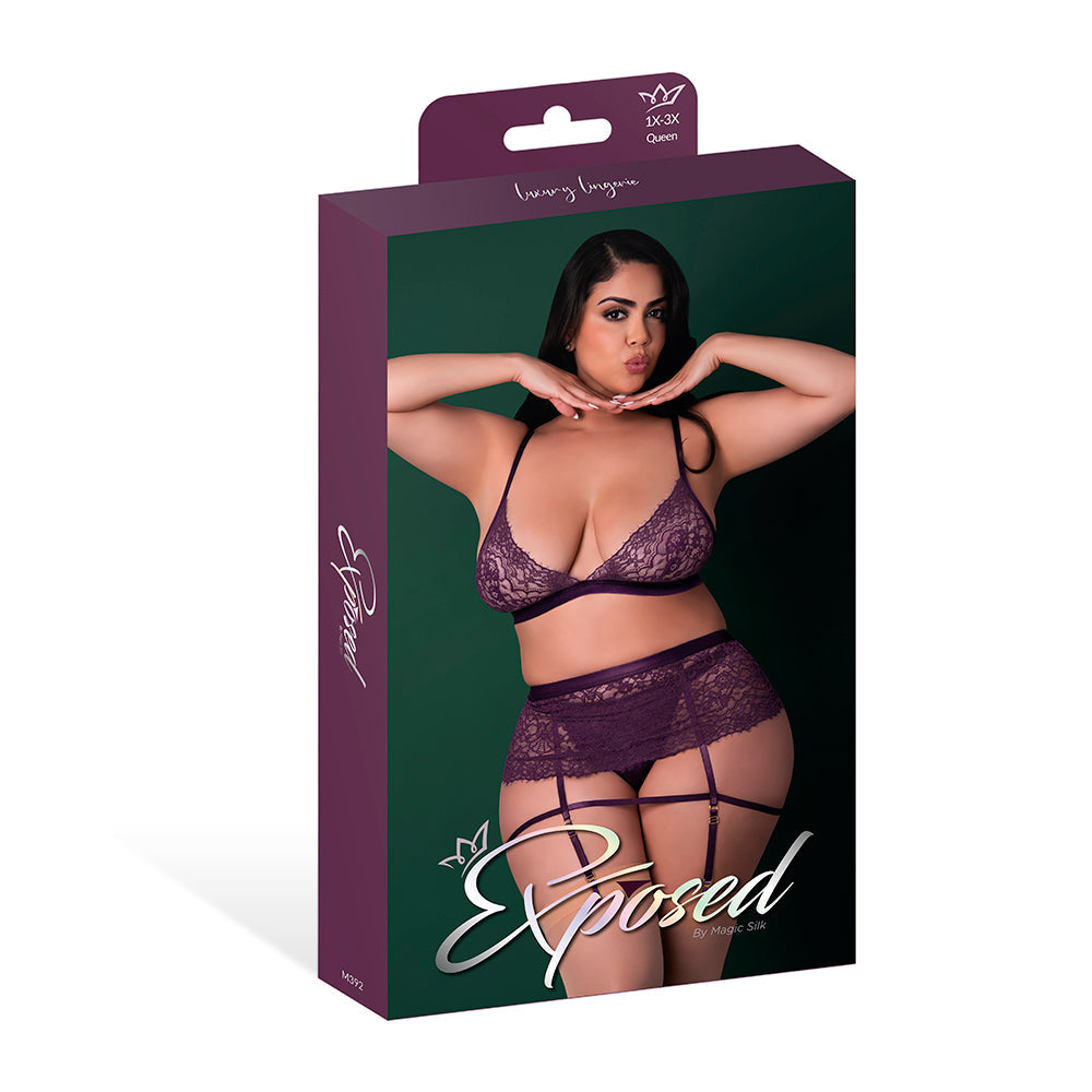 Leather & Lace Stretch Mesh and Lace Bralette w/Garter & Thong 3 pc Set - Plum 2X