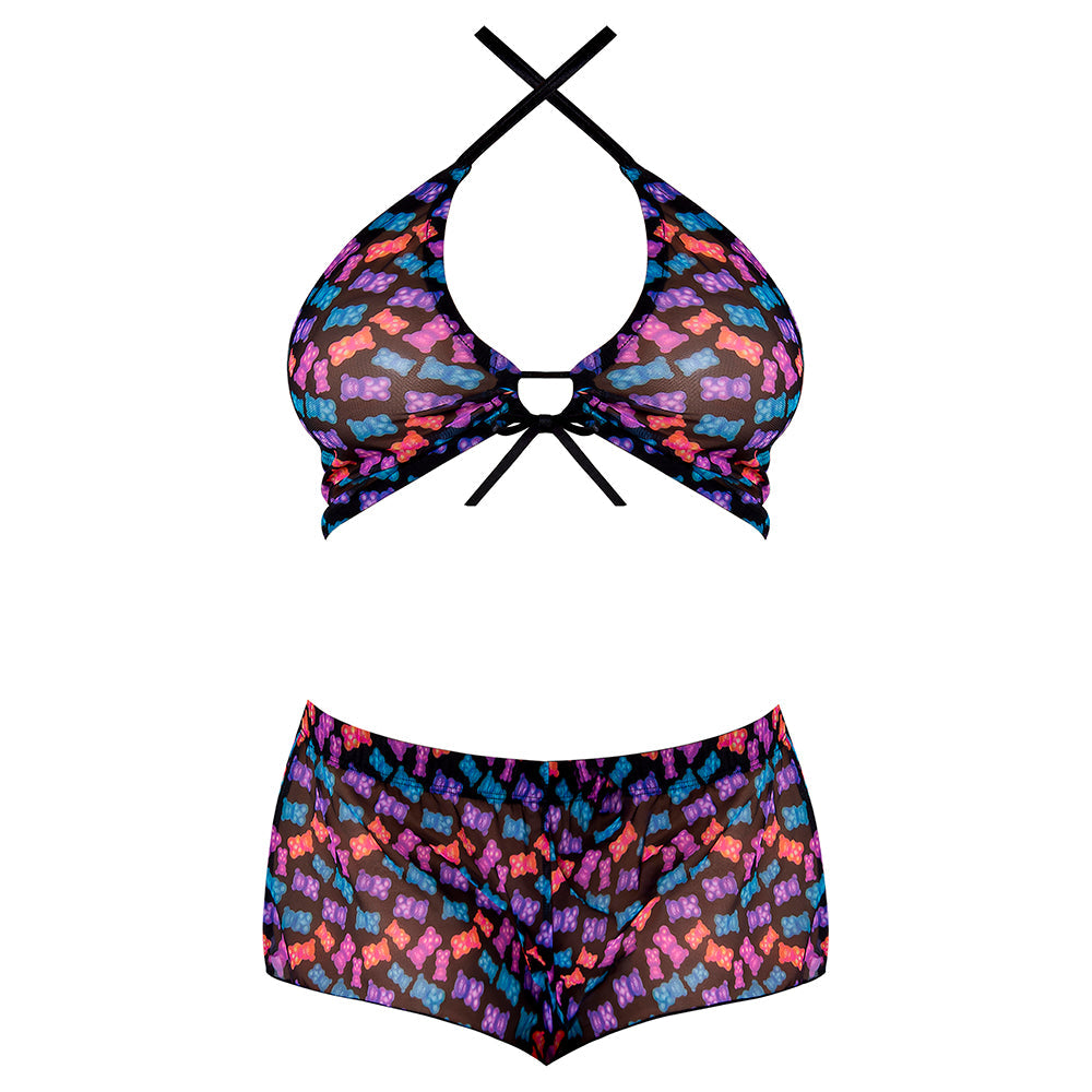 Hazy Dayz Gummy Bear Blacklight Reflective Halter Top & Short 2 pc Set - Multi L/XL
