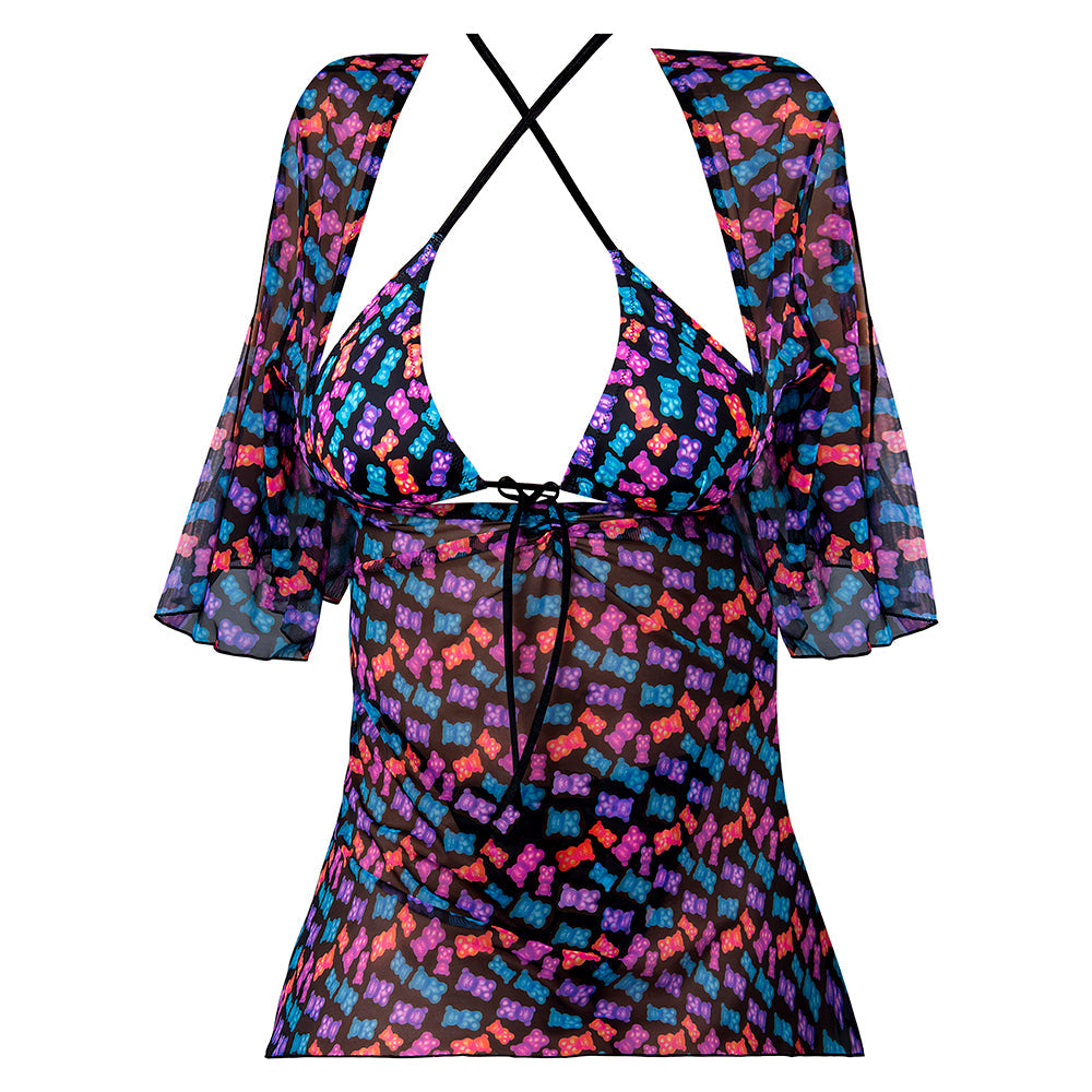 Hazy Dayz Gummy Bears Blacklight Reactive Halter Top w/Thong & Dress 3 pc Set - Multi L/XL