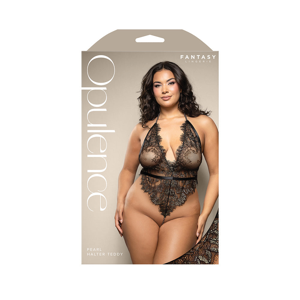 Opulence Metallic Eyelash Lace Teddy w/Pearl String Crotch - Black QN