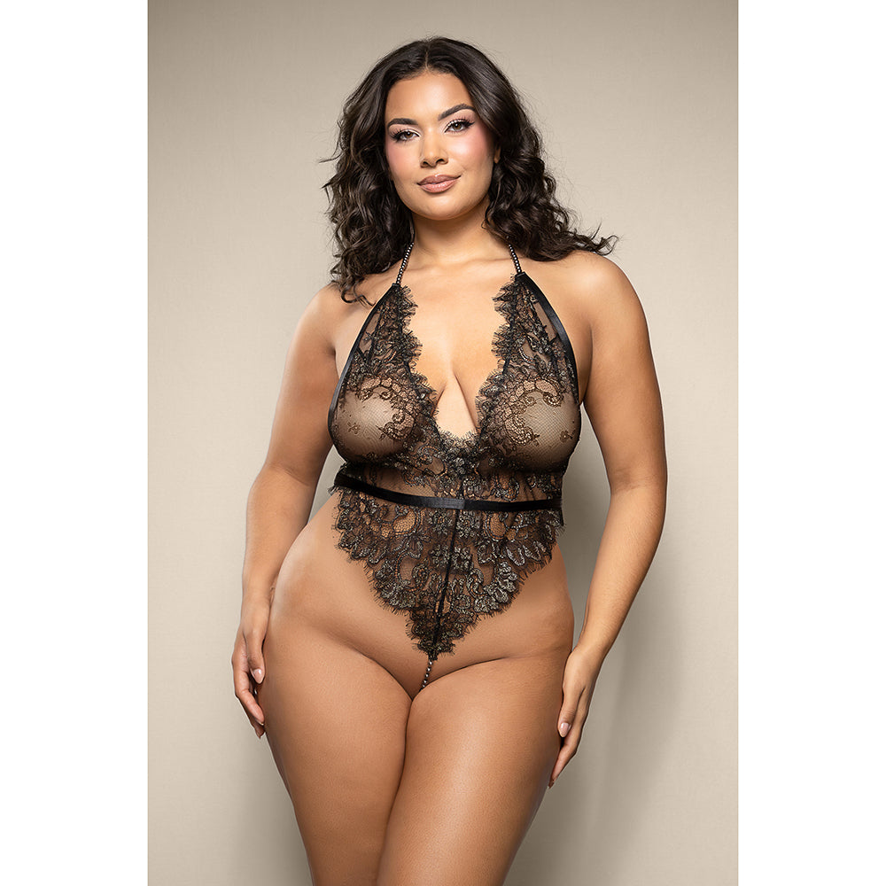 Opulence Metallic Eyelash Lace Teddy w/Pearl String Crotch - Black QN