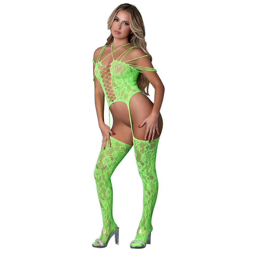 Seamless Strappy Body Stocking - Neon Green O/S