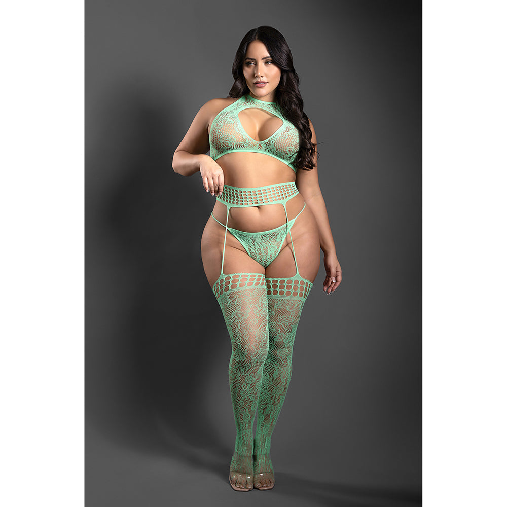 Sheer Heart Of Glass Lace Knit Halter Top w/G-String & Gartered Stockings 3 pc Set - Mint QN